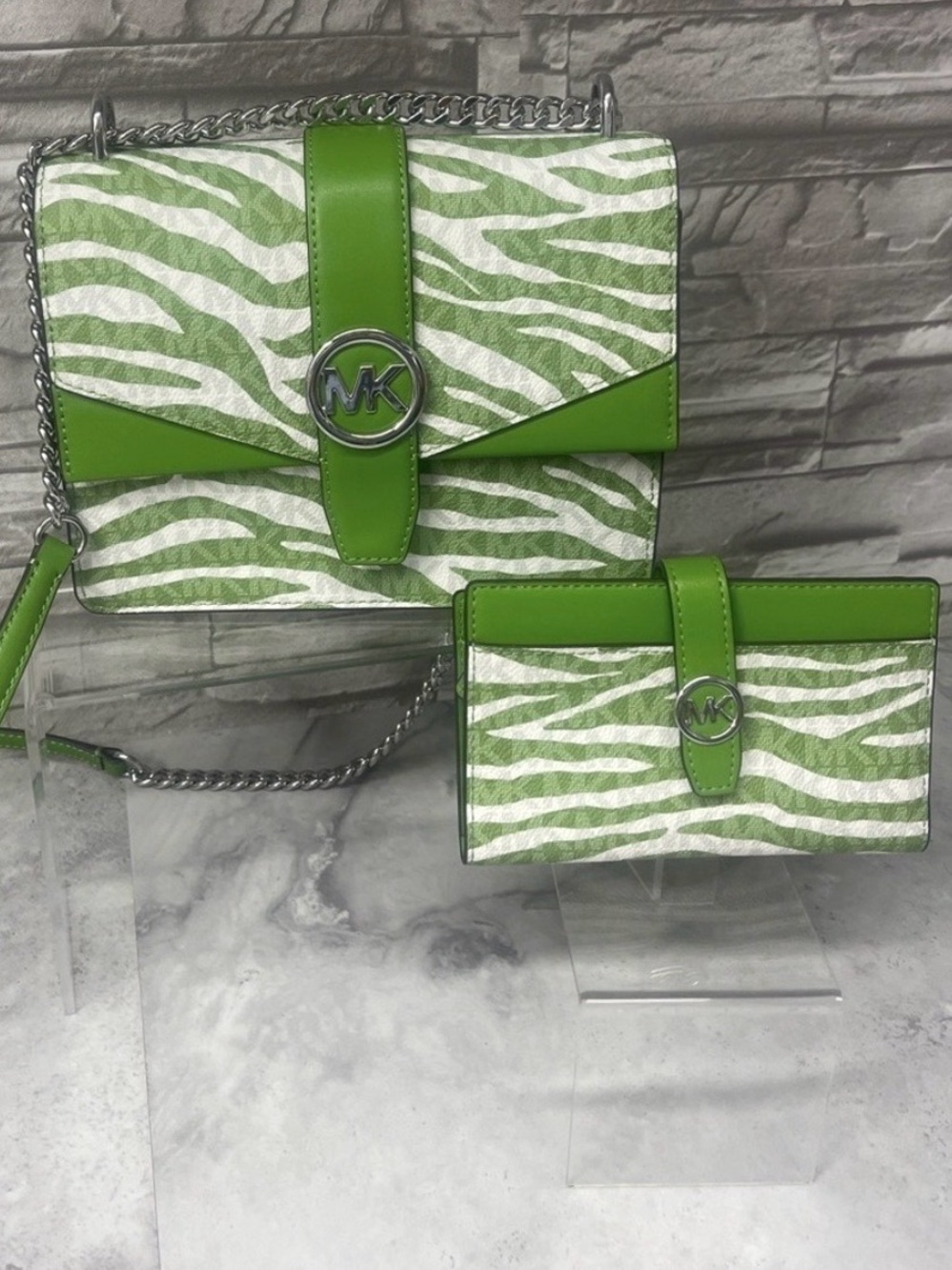 Michael Kors Greenwich Jungle Green Zebra Print Crossbody & Matching Wallet